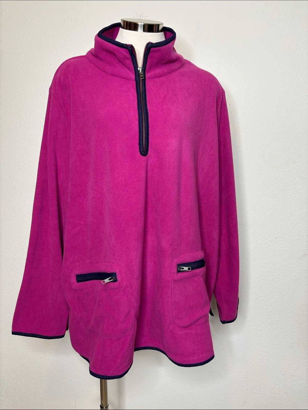 Woman Within Fuchsia Pullover Fleece with Navy Trim